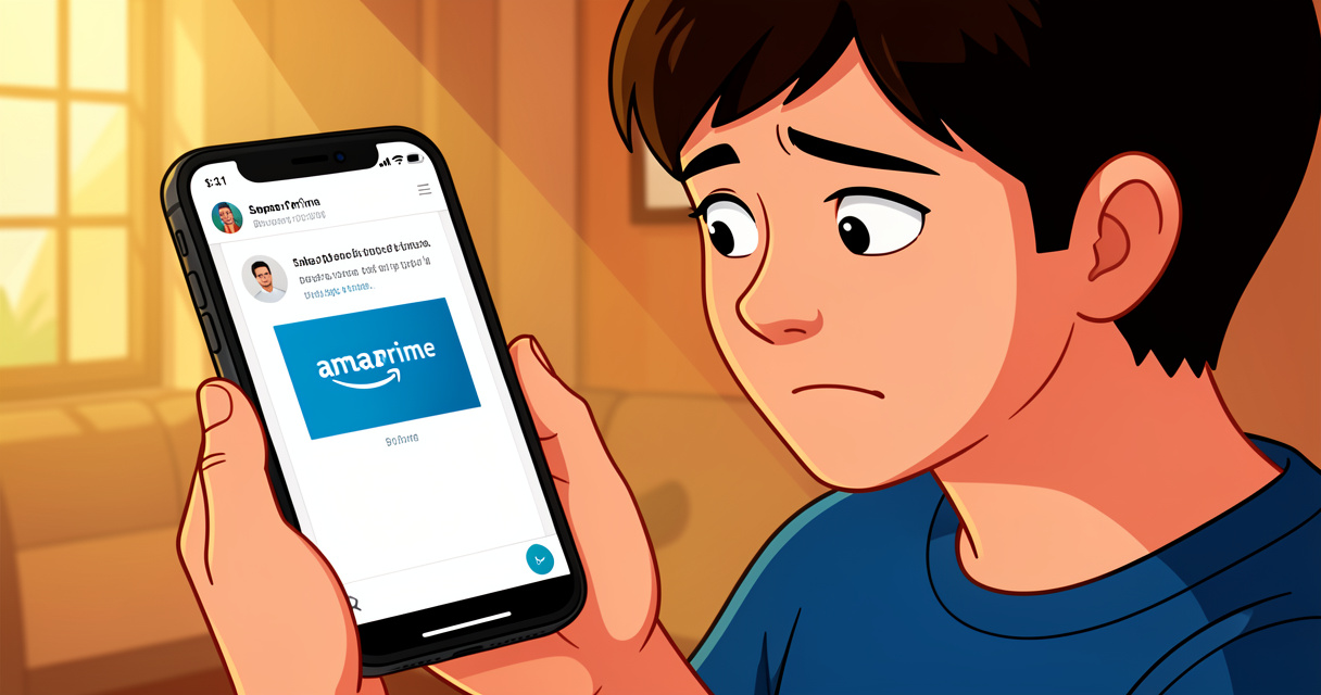 Personne lisant un faux mail Amazon Prime sur son smartphone, cherchant les signes d'arnaque