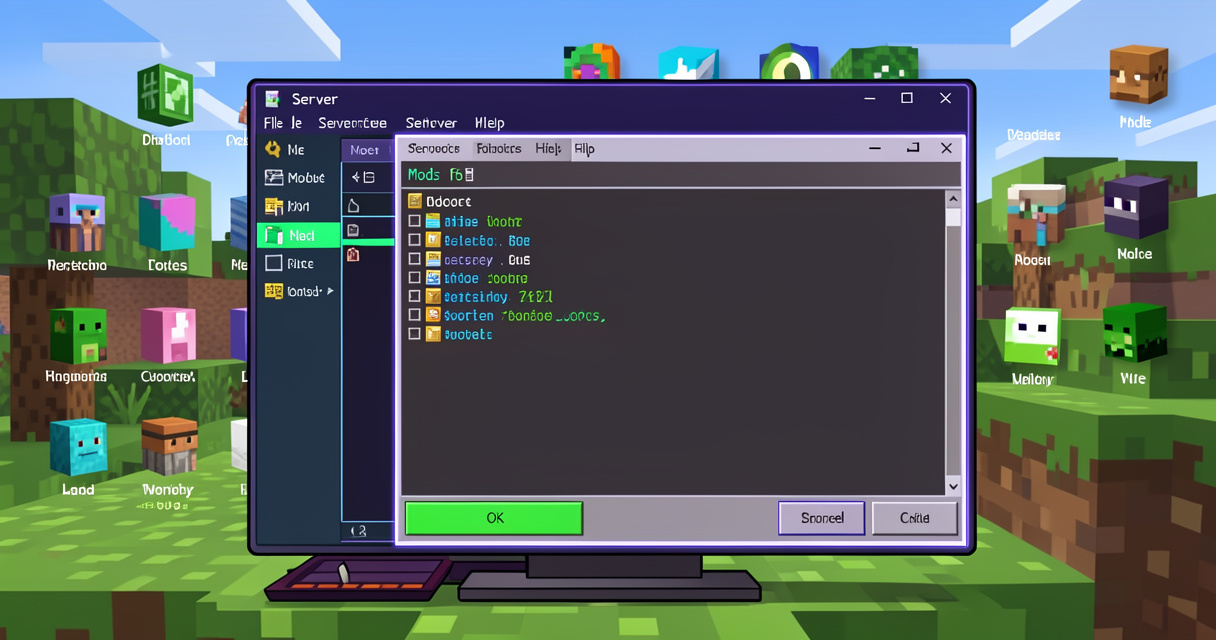 Console de serveur Minecraft moddé avec dossier mods ouvert et icônes de modpacks