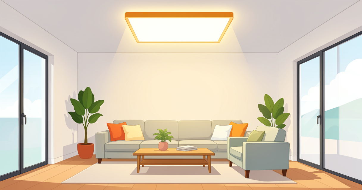 Panneau LED Brikoz 18W installé dans un plafond de salon moderne éclairant la pièce