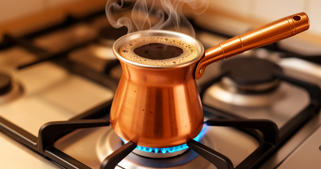 Cafetière grecque briki en cuivre sur une plaque de cuisson avec mousse de café