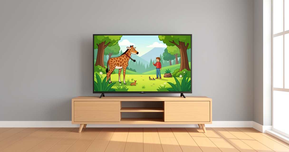 Téléviseur 43 pouces 109 cm posé sur meuble design dans un salon moderne