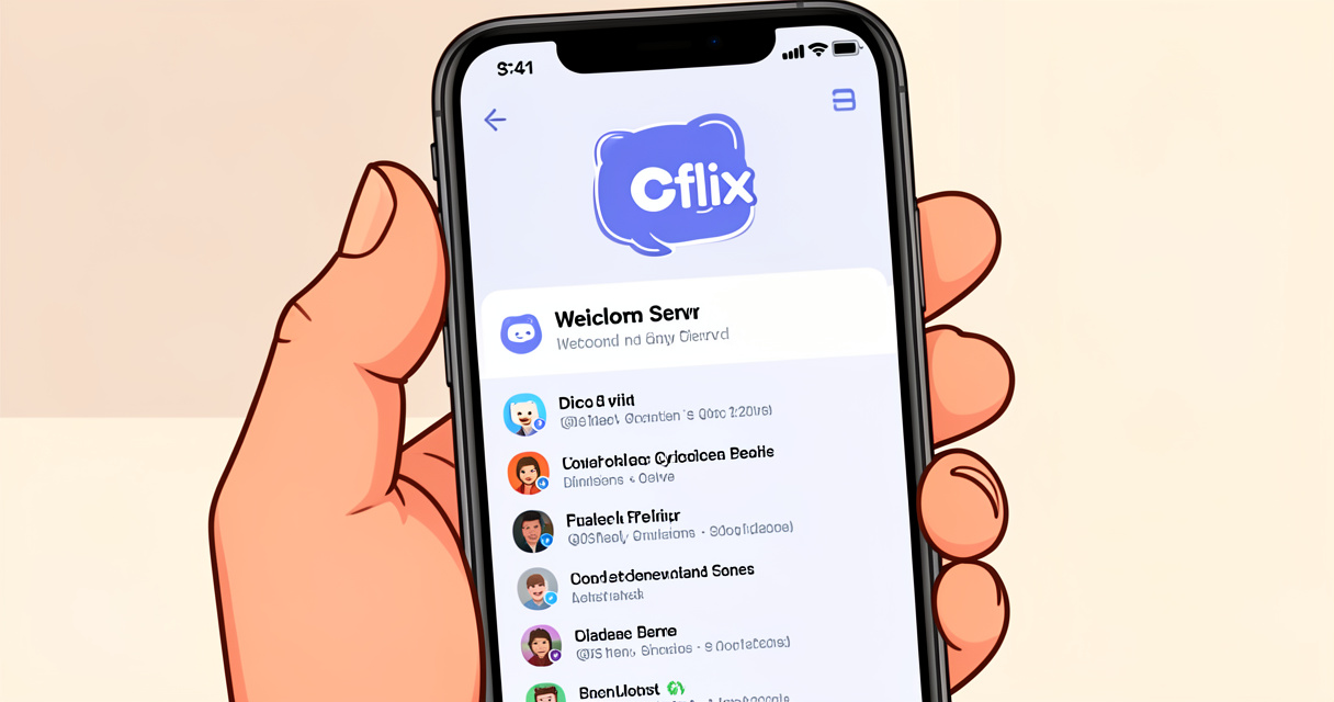 Smartphone montrant la page d'accueil du serveur Discord Coflix avec les salons