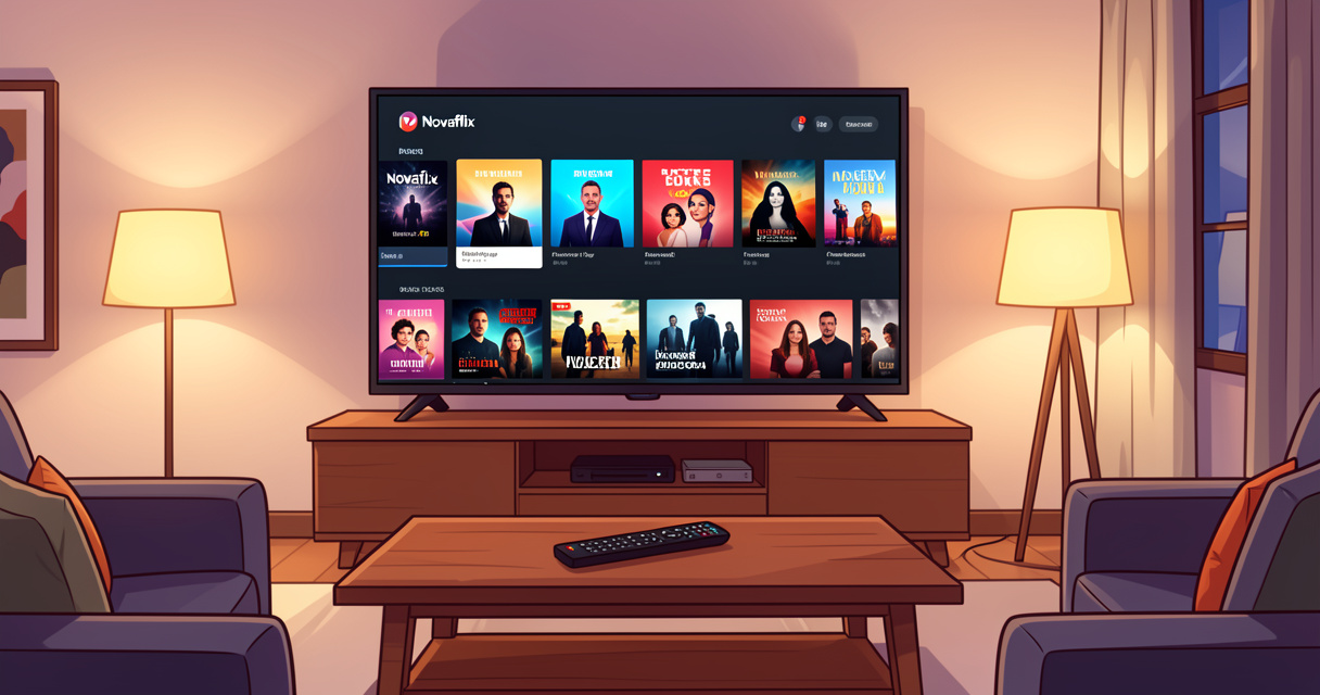 Interface de Novaflix affichée sur une télévision connectée dans un salon moderne