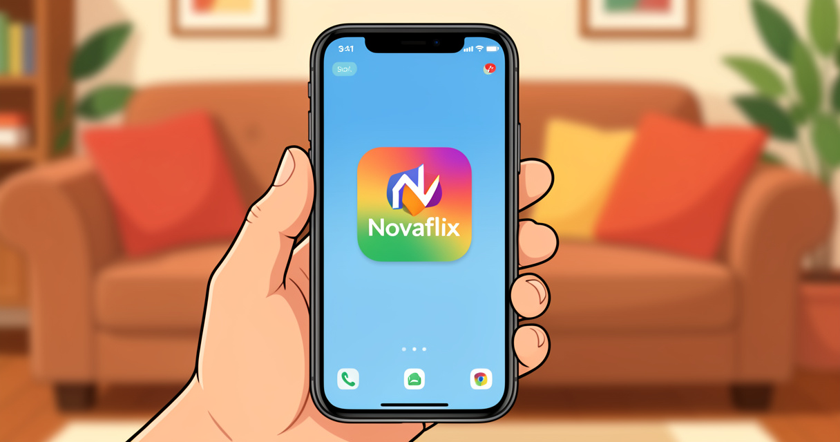 Application Novaflix visible sur l'écran d'accueil d'un smartphone tenu à la main