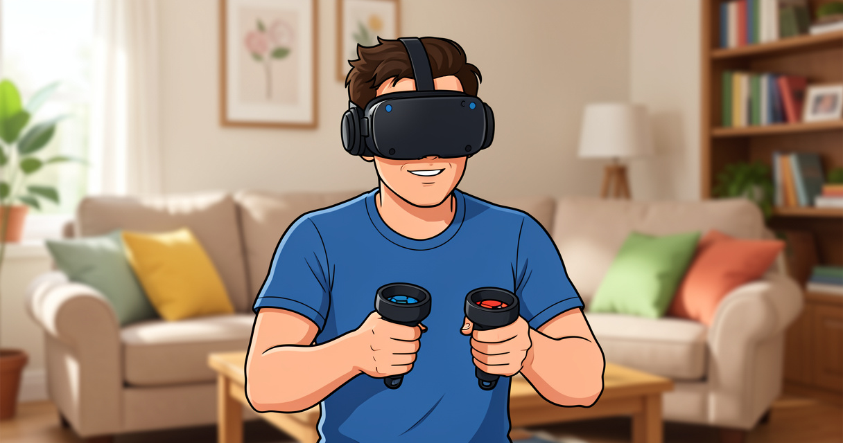 Joueur en train de tester un jeu VR avec un casque Meta Quest 3 dans son salon