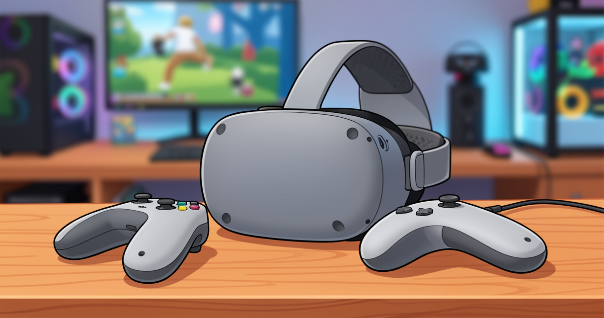 Casque de réalité virtuelle Meta Quest 3 posé sur un bureau prêt à jouer