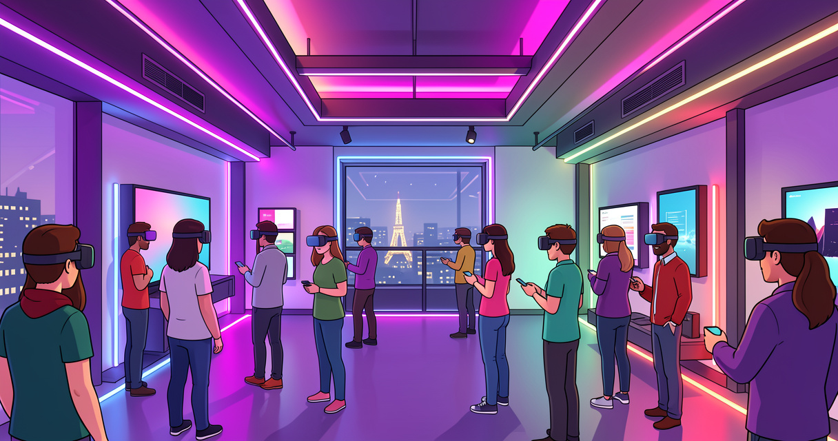 Intérieur du centre Illucity Montparnasse avec des visiteurs équipés de casques VR dans une ambiance lumineuse colorée