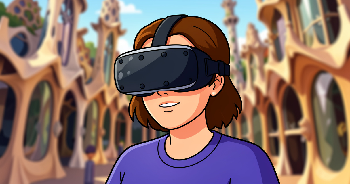 Visiteur testant l'expérience Gaudi en réalité virtuelle chez Illucity Montparnasse, décor artistique flou