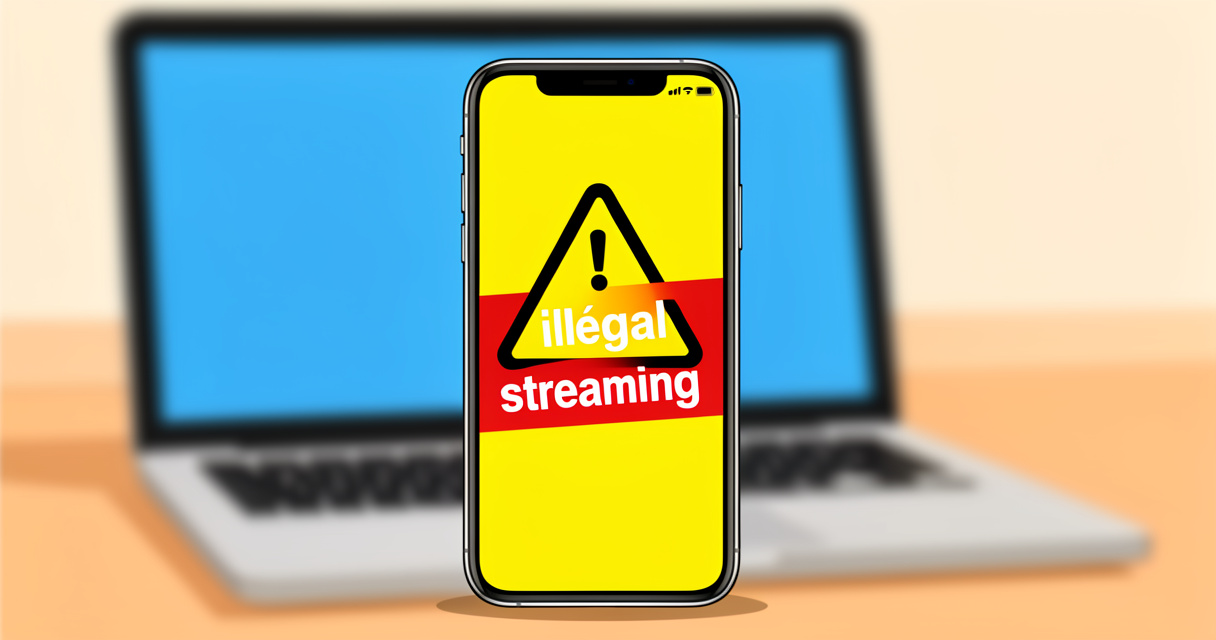 Smartphone affichant un avertissement sur les risques du streaming illégal sur bimvup.com