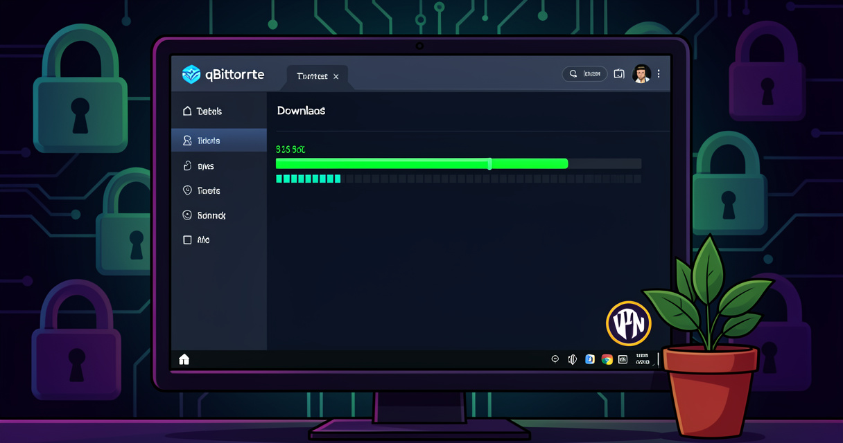 Client qBittorrent en action avec téléchargement torrent et icône VPN allumé