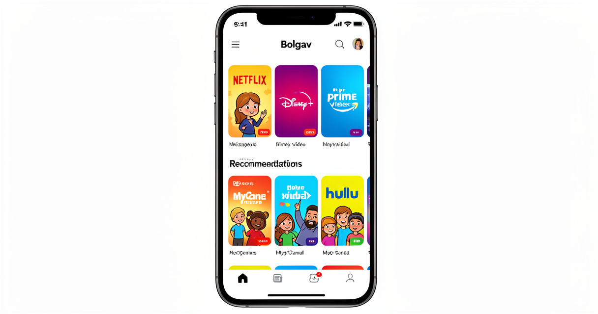 Interface mobile de Bolgav avec vignettes des plateformes streaming et recommandations personnalisées