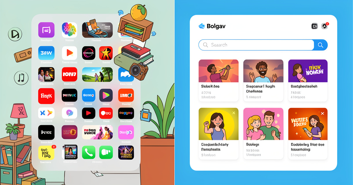 Comparaison entre une vue éparpillée d'applications de streaming et le tableau de bord unifié Bolgav