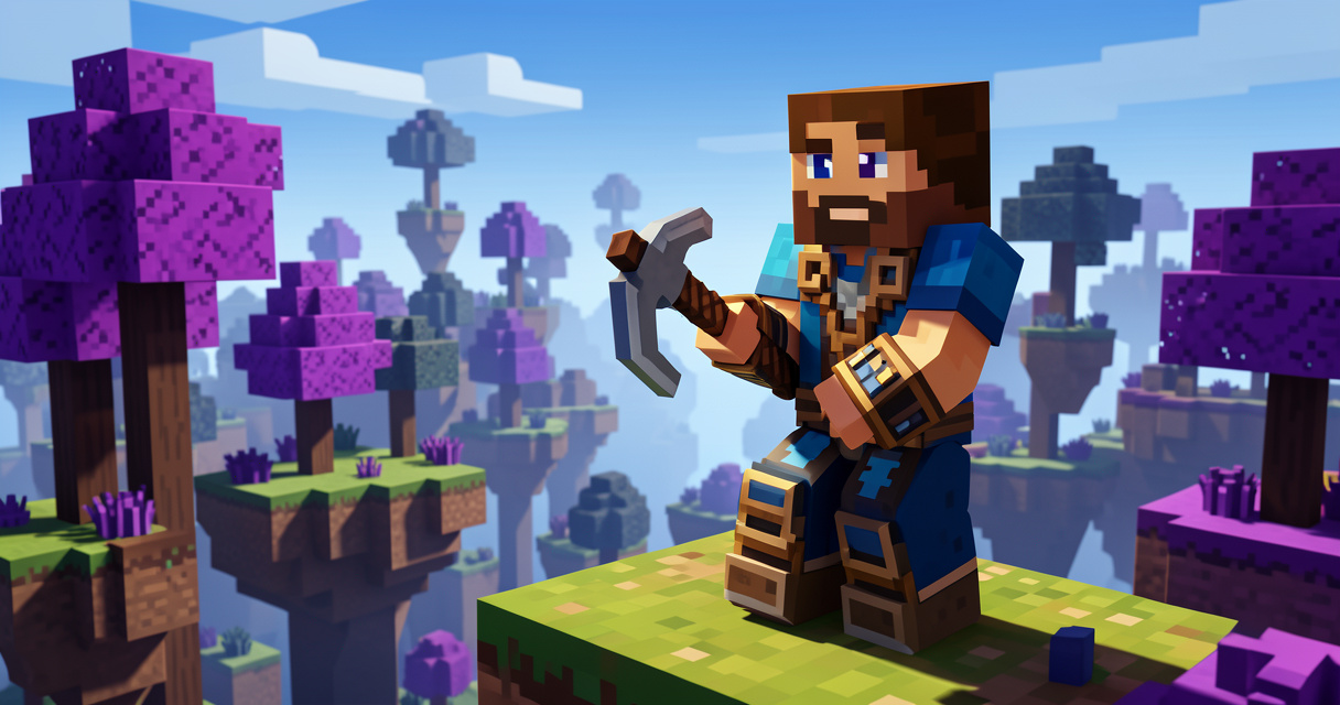 Personnage Minecraft équipé sur un serveur moddé avec un biome personnalisé et des îles flottantes