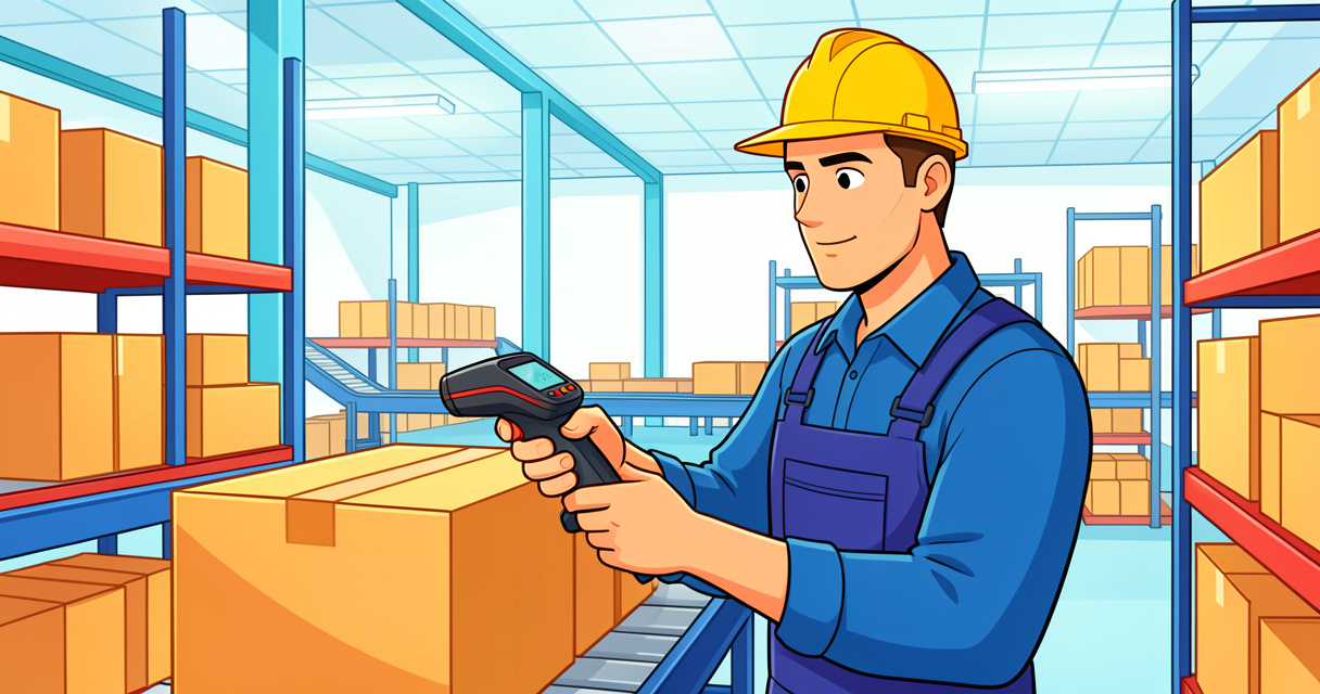 Centre de tri logistique avec colis sur tapis roulant et employé scannant un paquet