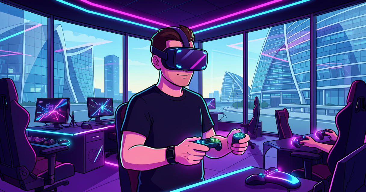Personne utilisant un casque de réalité virtuelle dans un centre de jeu à La Défense