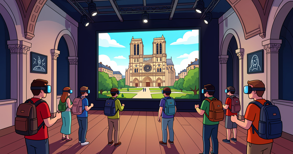 Groupe de visiteurs en expérience VR historique Eternelle Notre-Dame à la Cité de l'Histoire La Défense