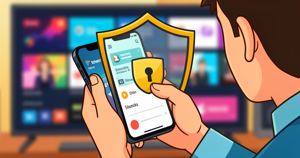 Utilisateur consultant un site de streaming sur mobile avec bouclier de protection, sécurité navigation nouvelle adresse