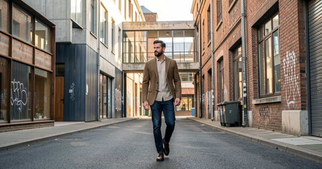 Homme observant l’architecture urbaine de Saint-Étienne pendant une sortie créative.