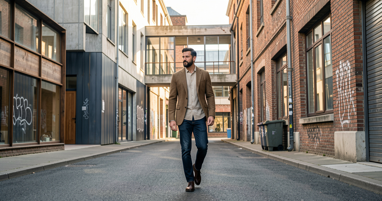 Homme observant l’architecture urbaine de Saint-Étienne pendant une sortie créative.