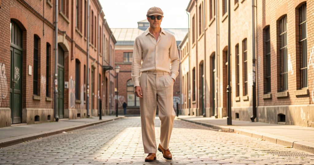 Homme portant un pantalon léger beige et une chemise claire dans un décor urbain créatif à Saint-Étienne