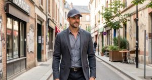 Homme au style masculin moderne et décontracté portant une casquette dans un quartier urbain créatif