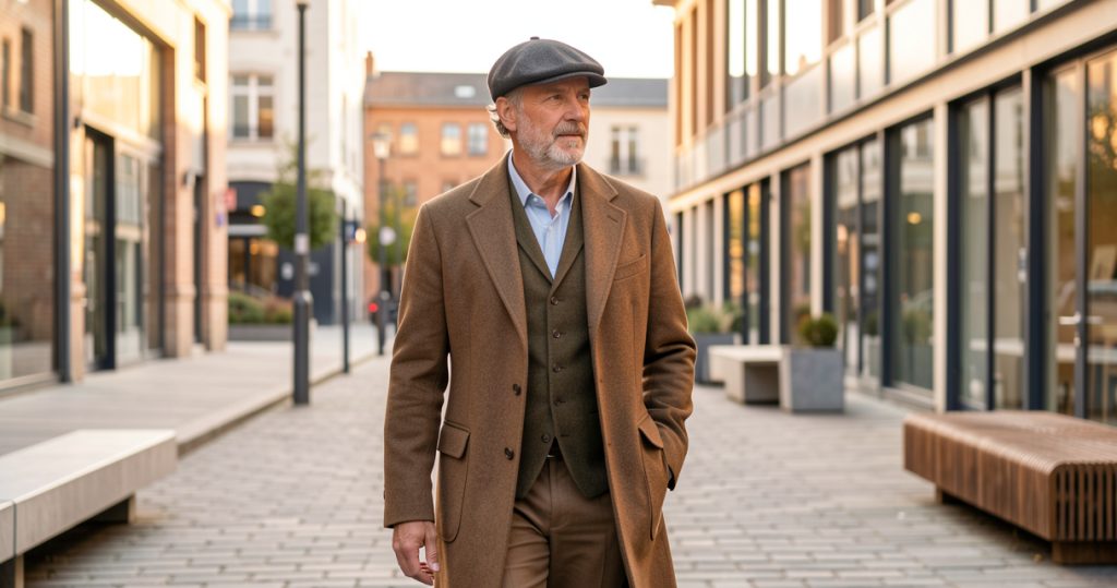 Homme stylé avec manteau en laine et casquette élégante se promenant à Saint-Étienne