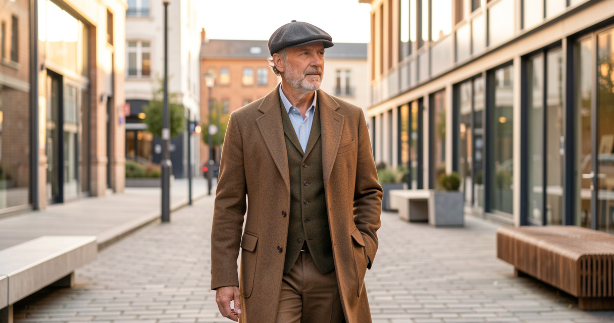 Homme stylé avec manteau en laine et casquette élégante se promenant à Saint-Étienne