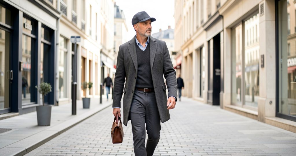 Homme au style chic décontracté portant une casquette ajustée et une tenue mode homme 2026 à Saint-Étienne