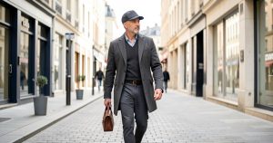 Homme au style chic décontracté portant une casquette ajustée et une tenue mode homme 2026 à Saint-Étienne