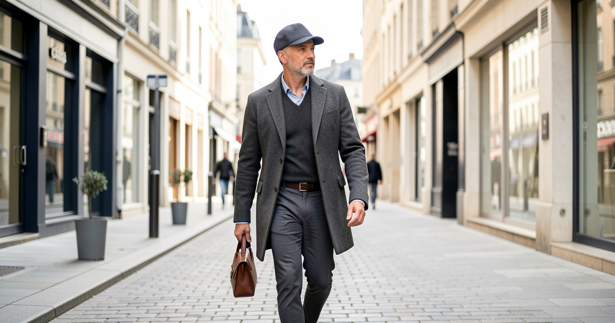 Homme au style chic décontracté portant une casquette ajustée et une tenue mode homme 2026 à Saint-Étienne