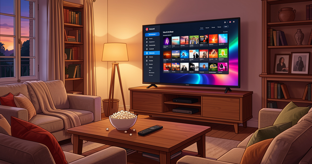 Pidoov pidoov streaming sur grand écran avec popcorn dans un salon cosy