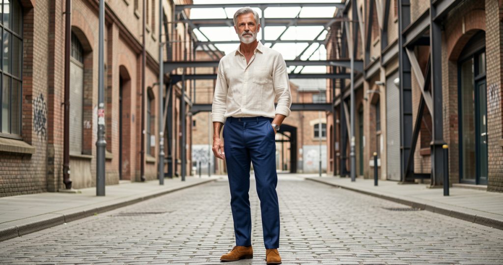 Homme de plus de 40 ans portant une chemise en lin et un pantalon sobre dans un décor urbain à Saint-Étienne.