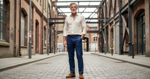 Homme de plus de 40 ans portant une chemise en lin et un pantalon sobre dans un décor urbain à Saint-Étienne.