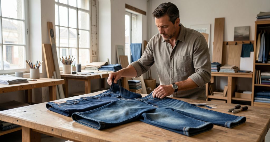 Homme comparant la toile et les finitions de deux jeans avant achat.