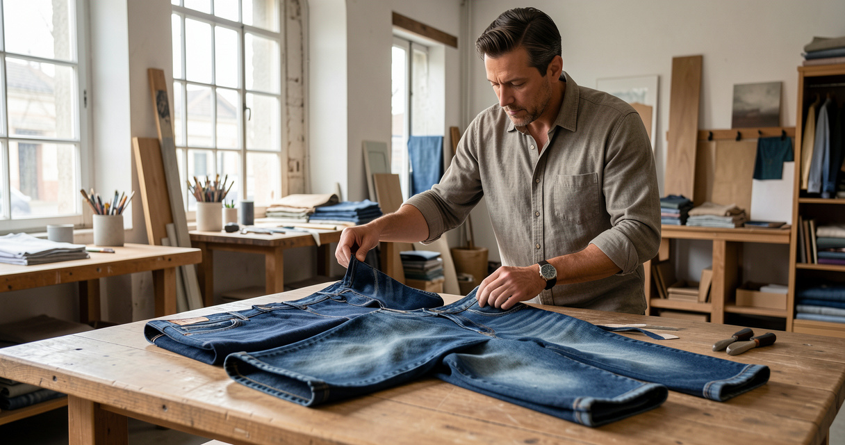 Homme comparant la toile et les finitions de deux jeans avant achat.