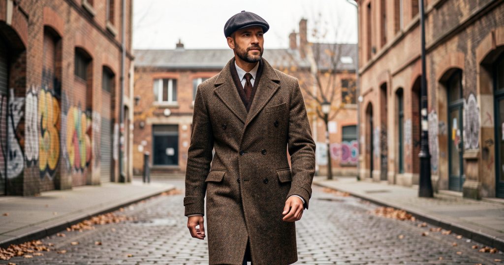 Homme stylé portant un manteau en tweed vintage et une casquette ajustée dans une rue urbaine de Saint-Étienne