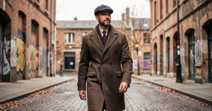 Homme stylé portant un manteau en tweed vintage et une casquette ajustée dans une rue urbaine de Saint-Étienne