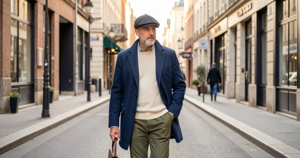 Homme élégant portant une tenue chic décontractée avec manteau bleu marine, pull écru et casquette en tweed
