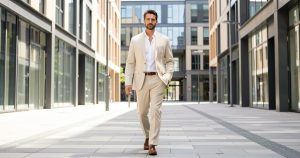 Homme d'affaires portant un costume d'été déstructuré en laine froide claire dans un quartier professionnel ensoleillé