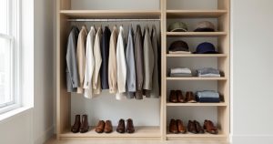 Garde-robe capsule masculine élégante et épurée avec vêtements intemporels sur cintres en bois