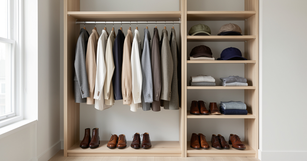 Garde-robe capsule masculine élégante et épurée avec vêtements intemporels sur cintres en bois