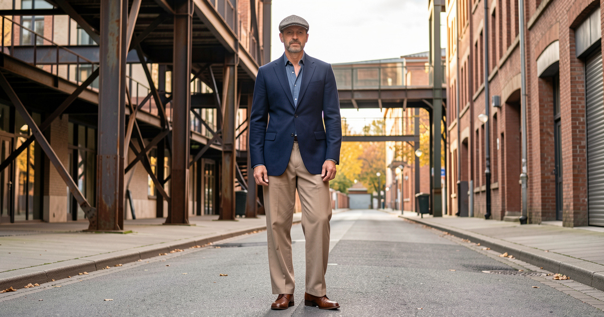 Homme portant une tenue urbaine durable avec veste, pantalon ample et casquette.