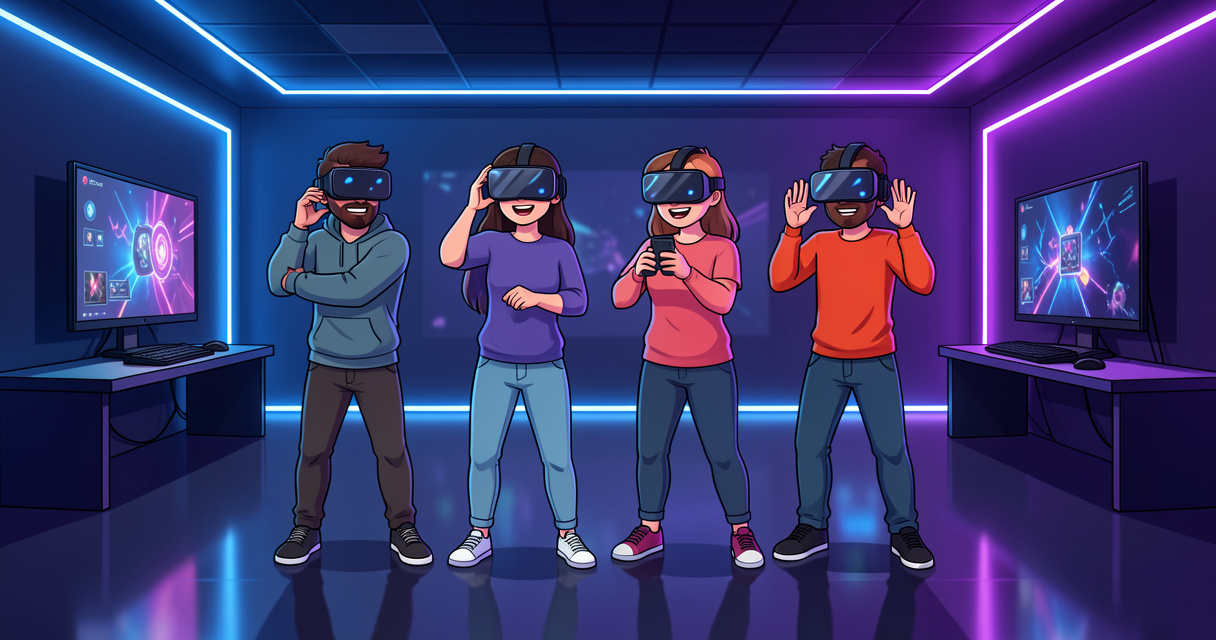 Groupe de quatre joueurs équipés de casques VR chez Virtual Room Bastille à Paris