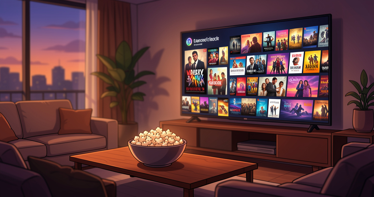 Canapé et télévision pour regarder une plateforme VOD le soir
